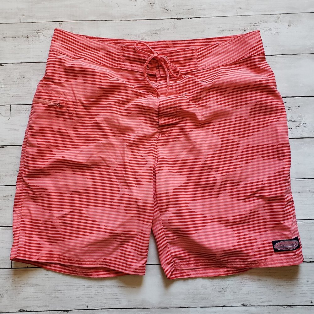VINEYARD VINES Pink/Red Striped Shark Print Board Shorts Swim Suit MEN'S SIZE 35